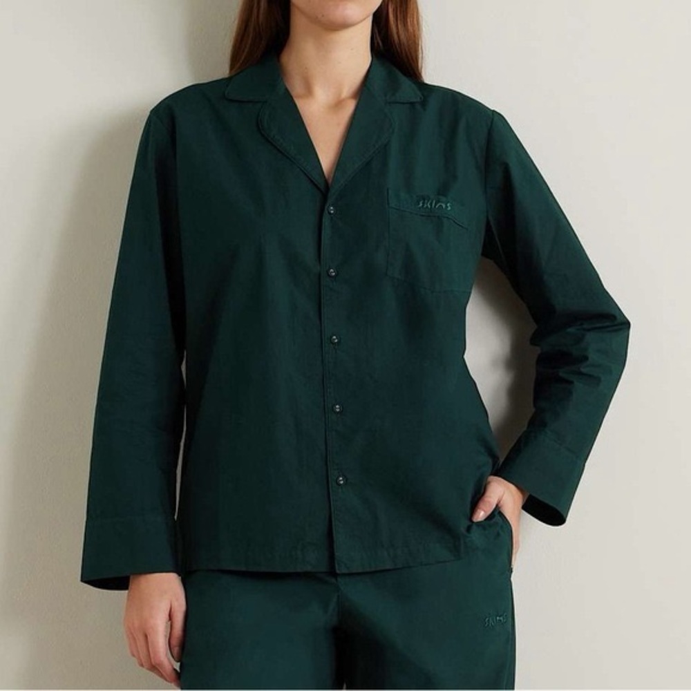 Skims Spa Embroidered Green 100% cotton Pajama SET size small (top and bottom)